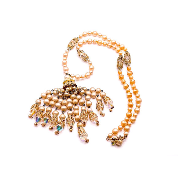 VINTAGE art deco tassel necklace faux pearls aurora borealis crystals dangle 18" - Picture 1 of 7